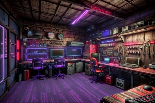 photo from pinterest of gaming room-style interior designed (workshop interior) with wooden workbench and messy and tool wall and wooden workbench. . with dark room and purple and red lights and speakers and neon letters on wall and purple, red and blue fade light and computer desk with computer displays and keyboard and multiple displays and gaming chair. . cinematic photo, highly detailed, cinematic lighting, ultra-detailed, ultrarealistic, photorealism, 8k. trending on pinterest. gaming room interior design style. masterpiece, cinematic light, ultrarealistic+, photorealistic+, 8k, raw photo, realistic, sharp focus on eyes, (symmetrical eyes), (intact eyes), hyperrealistic, highest quality, best quality, , highly detailed, masterpiece, best quality, extremely detailed 8k wallpaper, masterpiece, best quality, ultra-detailed, best shadow, detailed background, detailed face, detailed eyes, high contrast, best illumination, detailed face, dulux, caustic, dynamic angle, detailed glow. dramatic lighting. highly detailed, insanely detailed hair, symmetrical, intricate details, professionally retouched, 8k high definition. strong bokeh. award winning photo.