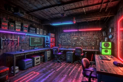 photo from pinterest of gaming room-style interior designed (workshop interior) with wooden workbench and messy and tool wall and wooden workbench. . with dark room and purple and red lights and speakers and neon letters on wall and purple, red and blue fade light and computer desk with computer displays and keyboard and multiple displays and gaming chair. . cinematic photo, highly detailed, cinematic lighting, ultra-detailed, ultrarealistic, photorealism, 8k. trending on pinterest. gaming room interior design style. masterpiece, cinematic light, ultrarealistic+, photorealistic+, 8k, raw photo, realistic, sharp focus on eyes, (symmetrical eyes), (intact eyes), hyperrealistic, highest quality, best quality, , highly detailed, masterpiece, best quality, extremely detailed 8k wallpaper, masterpiece, best quality, ultra-detailed, best shadow, detailed background, detailed face, detailed eyes, high contrast, best illumination, detailed face, dulux, caustic, dynamic angle, detailed glow. dramatic lighting. highly detailed, insanely detailed hair, symmetrical, intricate details, professionally retouched, 8k high definition. strong bokeh. award winning photo.