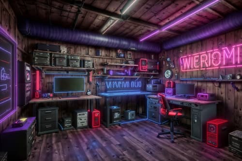 photo from pinterest of gaming room-style interior designed (workshop interior) with wooden workbench and messy and tool wall and wooden workbench. . with dark room and purple and red lights and speakers and neon letters on wall and purple, red and blue fade light and computer desk with computer displays and keyboard and multiple displays and gaming chair. . cinematic photo, highly detailed, cinematic lighting, ultra-detailed, ultrarealistic, photorealism, 8k. trending on pinterest. gaming room interior design style. masterpiece, cinematic light, ultrarealistic+, photorealistic+, 8k, raw photo, realistic, sharp focus on eyes, (symmetrical eyes), (intact eyes), hyperrealistic, highest quality, best quality, , highly detailed, masterpiece, best quality, extremely detailed 8k wallpaper, masterpiece, best quality, ultra-detailed, best shadow, detailed background, detailed face, detailed eyes, high contrast, best illumination, detailed face, dulux, caustic, dynamic angle, detailed glow. dramatic lighting. highly detailed, insanely detailed hair, symmetrical, intricate details, professionally retouched, 8k high definition. strong bokeh. award winning photo.