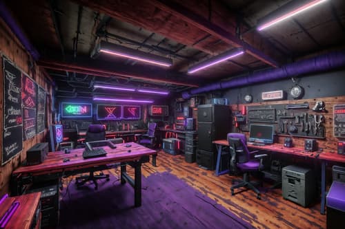 photo from pinterest of gaming room-style interior designed (workshop interior) with wooden workbench and messy and tool wall and wooden workbench. . with dark room and purple and red lights and speakers and neon letters on wall and purple, red and blue fade light and computer desk with computer displays and keyboard and multiple displays and gaming chair. . cinematic photo, highly detailed, cinematic lighting, ultra-detailed, ultrarealistic, photorealism, 8k. trending on pinterest. gaming room interior design style. masterpiece, cinematic light, ultrarealistic+, photorealistic+, 8k, raw photo, realistic, sharp focus on eyes, (symmetrical eyes), (intact eyes), hyperrealistic, highest quality, best quality, , highly detailed, masterpiece, best quality, extremely detailed 8k wallpaper, masterpiece, best quality, ultra-detailed, best shadow, detailed background, detailed face, detailed eyes, high contrast, best illumination, detailed face, dulux, caustic, dynamic angle, detailed glow. dramatic lighting. highly detailed, insanely detailed hair, symmetrical, intricate details, professionally retouched, 8k high definition. strong bokeh. award winning photo.