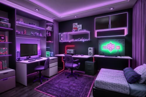 photo from pinterest of gaming room-style interior designed (kids room interior) with kids desk and bed and accent chair and mirror and dresser closet and storage bench or ottoman and night light and plant. . with dark walls and neon lights and purple, red and blue fade light and purple and red lights and gaming chair and at night and computer desk with computer displays and keyboard and speakers. . cinematic photo, highly detailed, cinematic lighting, ultra-detailed, ultrarealistic, photorealism, 8k. trending on pinterest. gaming room interior design style. masterpiece, cinematic light, ultrarealistic+, photorealistic+, 8k, raw photo, realistic, sharp focus on eyes, (symmetrical eyes), (intact eyes), hyperrealistic, highest quality, best quality, , highly detailed, masterpiece, best quality, extremely detailed 8k wallpaper, masterpiece, best quality, ultra-detailed, best shadow, detailed background, detailed face, detailed eyes, high contrast, best illumination, detailed face, dulux, caustic, dynamic angle, detailed glow. dramatic lighting. highly detailed, insanely detailed hair, symmetrical, intricate details, professionally retouched, 8k high definition. strong bokeh. award winning photo.
