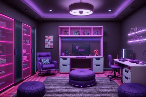 photo from pinterest of gaming room-style interior designed (kids room interior) with kids desk and bed and accent chair and mirror and dresser closet and storage bench or ottoman and night light and plant. . with dark walls and neon lights and purple, red and blue fade light and purple and red lights and gaming chair and at night and computer desk with computer displays and keyboard and speakers. . cinematic photo, highly detailed, cinematic lighting, ultra-detailed, ultrarealistic, photorealism, 8k. trending on pinterest. gaming room interior design style. masterpiece, cinematic light, ultrarealistic+, photorealistic+, 8k, raw photo, realistic, sharp focus on eyes, (symmetrical eyes), (intact eyes), hyperrealistic, highest quality, best quality, , highly detailed, masterpiece, best quality, extremely detailed 8k wallpaper, masterpiece, best quality, ultra-detailed, best shadow, detailed background, detailed face, detailed eyes, high contrast, best illumination, detailed face, dulux, caustic, dynamic angle, detailed glow. dramatic lighting. highly detailed, insanely detailed hair, symmetrical, intricate details, professionally retouched, 8k high definition. strong bokeh. award winning photo.