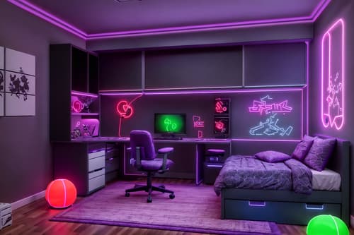 photo from pinterest of gaming room-style interior designed (kids room interior) with kids desk and bed and accent chair and mirror and dresser closet and storage bench or ottoman and night light and plant. . with dark walls and neon lights and purple, red and blue fade light and purple and red lights and gaming chair and at night and computer desk with computer displays and keyboard and speakers. . cinematic photo, highly detailed, cinematic lighting, ultra-detailed, ultrarealistic, photorealism, 8k. trending on pinterest. gaming room interior design style. masterpiece, cinematic light, ultrarealistic+, photorealistic+, 8k, raw photo, realistic, sharp focus on eyes, (symmetrical eyes), (intact eyes), hyperrealistic, highest quality, best quality, , highly detailed, masterpiece, best quality, extremely detailed 8k wallpaper, masterpiece, best quality, ultra-detailed, best shadow, detailed background, detailed face, detailed eyes, high contrast, best illumination, detailed face, dulux, caustic, dynamic angle, detailed glow. dramatic lighting. highly detailed, insanely detailed hair, symmetrical, intricate details, professionally retouched, 8k high definition. strong bokeh. award winning photo.