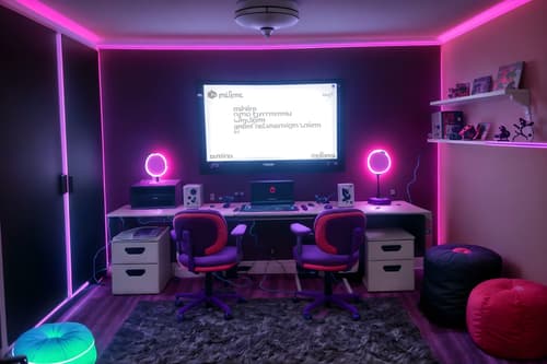 photo from pinterest of gaming room-style interior designed (kids room interior) with kids desk and bed and accent chair and mirror and dresser closet and storage bench or ottoman and night light and plant. . with dark walls and neon lights and purple, red and blue fade light and purple and red lights and gaming chair and at night and computer desk with computer displays and keyboard and speakers. . cinematic photo, highly detailed, cinematic lighting, ultra-detailed, ultrarealistic, photorealism, 8k. trending on pinterest. gaming room interior design style. masterpiece, cinematic light, ultrarealistic+, photorealistic+, 8k, raw photo, realistic, sharp focus on eyes, (symmetrical eyes), (intact eyes), hyperrealistic, highest quality, best quality, , highly detailed, masterpiece, best quality, extremely detailed 8k wallpaper, masterpiece, best quality, ultra-detailed, best shadow, detailed background, detailed face, detailed eyes, high contrast, best illumination, detailed face, dulux, caustic, dynamic angle, detailed glow. dramatic lighting. highly detailed, insanely detailed hair, symmetrical, intricate details, professionally retouched, 8k high definition. strong bokeh. award winning photo.