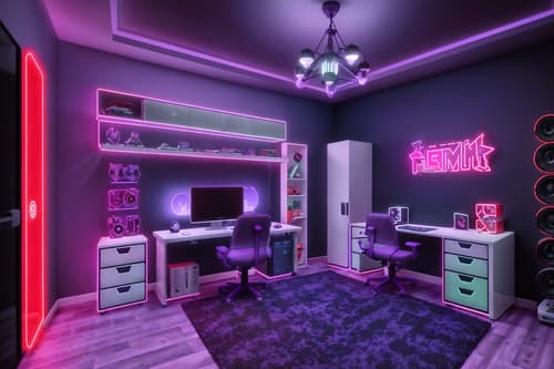 photo from pinterest of gaming room-style interior designed (kids room interior) with kids desk and bed and accent chair and mirror and dresser closet and storage bench or ottoman and night light and plant. . with dark walls and neon lights and purple, red and blue fade light and purple and red lights and gaming chair and at night and computer desk with computer displays and keyboard and speakers. . cinematic photo, highly detailed, cinematic lighting, ultra-detailed, ultrarealistic, photorealism, 8k. trending on pinterest. gaming room interior design style. masterpiece, cinematic light, ultrarealistic+, photorealistic+, 8k, raw photo, realistic, sharp focus on eyes, (symmetrical eyes), (intact eyes), hyperrealistic, highest quality, best quality, , highly detailed, masterpiece, best quality, extremely detailed 8k wallpaper, masterpiece, best quality, ultra-detailed, best shadow, detailed background, detailed face, detailed eyes, high contrast, best illumination, detailed face, dulux, caustic, dynamic angle, detailed glow. dramatic lighting. highly detailed, insanely detailed hair, symmetrical, intricate details, professionally retouched, 8k high definition. strong bokeh. award winning photo.