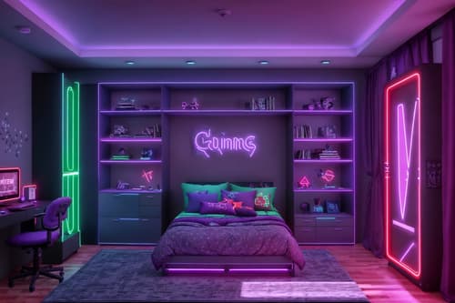 photo from pinterest of gaming room-style interior designed (kids room interior) with kids desk and bed and accent chair and mirror and dresser closet and storage bench or ottoman and night light and plant. . with dark walls and neon lights and purple, red and blue fade light and purple and red lights and gaming chair and at night and computer desk with computer displays and keyboard and speakers. . cinematic photo, highly detailed, cinematic lighting, ultra-detailed, ultrarealistic, photorealism, 8k. trending on pinterest. gaming room interior design style. masterpiece, cinematic light, ultrarealistic+, photorealistic+, 8k, raw photo, realistic, sharp focus on eyes, (symmetrical eyes), (intact eyes), hyperrealistic, highest quality, best quality, , highly detailed, masterpiece, best quality, extremely detailed 8k wallpaper, masterpiece, best quality, ultra-detailed, best shadow, detailed background, detailed face, detailed eyes, high contrast, best illumination, detailed face, dulux, caustic, dynamic angle, detailed glow. dramatic lighting. highly detailed, insanely detailed hair, symmetrical, intricate details, professionally retouched, 8k high definition. strong bokeh. award winning photo.