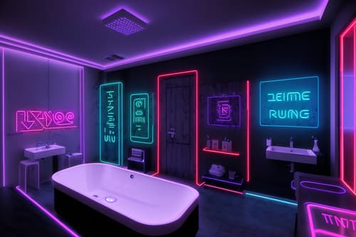 photo from pinterest of gaming room-style interior designed (hotel bathroom interior) with bathroom sink with faucet and toilet seat and waste basket and bath rail and bathtub and shower and bathroom cabinet and plant. . with at night and dark walls and neon letters on wall and purple, red and blue fade light and computer desk with computer displays and keyboard and neon lights and speakers and dark room. . cinematic photo, highly detailed, cinematic lighting, ultra-detailed, ultrarealistic, photorealism, 8k. trending on pinterest. gaming room interior design style. masterpiece, cinematic light, ultrarealistic+, photorealistic+, 8k, raw photo, realistic, sharp focus on eyes, (symmetrical eyes), (intact eyes), hyperrealistic, highest quality, best quality, , highly detailed, masterpiece, best quality, extremely detailed 8k wallpaper, masterpiece, best quality, ultra-detailed, best shadow, detailed background, detailed face, detailed eyes, high contrast, best illumination, detailed face, dulux, caustic, dynamic angle, detailed glow. dramatic lighting. highly detailed, insanely detailed hair, symmetrical, intricate details, professionally retouched, 8k high definition. strong bokeh. award winning photo.