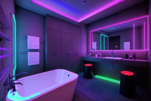photo from pinterest of gaming room-style interior designed (hotel bathroom interior) with bathroom sink with faucet and toilet seat and waste basket and bath rail and bathtub and shower and bathroom cabinet and plant. . with at night and dark walls and neon letters on wall and purple, red and blue fade light and computer desk with computer displays and keyboard and neon lights and speakers and dark room. . cinematic photo, highly detailed, cinematic lighting, ultra-detailed, ultrarealistic, photorealism, 8k. trending on pinterest. gaming room interior design style. masterpiece, cinematic light, ultrarealistic+, photorealistic+, 8k, raw photo, realistic, sharp focus on eyes, (symmetrical eyes), (intact eyes), hyperrealistic, highest quality, best quality, , highly detailed, masterpiece, best quality, extremely detailed 8k wallpaper, masterpiece, best quality, ultra-detailed, best shadow, detailed background, detailed face, detailed eyes, high contrast, best illumination, detailed face, dulux, caustic, dynamic angle, detailed glow. dramatic lighting. highly detailed, insanely detailed hair, symmetrical, intricate details, professionally retouched, 8k high definition. strong bokeh. award winning photo.