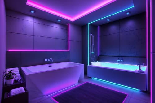photo from pinterest of gaming room-style interior designed (hotel bathroom interior) with bathroom sink with faucet and toilet seat and waste basket and bath rail and bathtub and shower and bathroom cabinet and plant. . with at night and dark walls and neon letters on wall and purple, red and blue fade light and computer desk with computer displays and keyboard and neon lights and speakers and dark room. . cinematic photo, highly detailed, cinematic lighting, ultra-detailed, ultrarealistic, photorealism, 8k. trending on pinterest. gaming room interior design style. masterpiece, cinematic light, ultrarealistic+, photorealistic+, 8k, raw photo, realistic, sharp focus on eyes, (symmetrical eyes), (intact eyes), hyperrealistic, highest quality, best quality, , highly detailed, masterpiece, best quality, extremely detailed 8k wallpaper, masterpiece, best quality, ultra-detailed, best shadow, detailed background, detailed face, detailed eyes, high contrast, best illumination, detailed face, dulux, caustic, dynamic angle, detailed glow. dramatic lighting. highly detailed, insanely detailed hair, symmetrical, intricate details, professionally retouched, 8k high definition. strong bokeh. award winning photo.