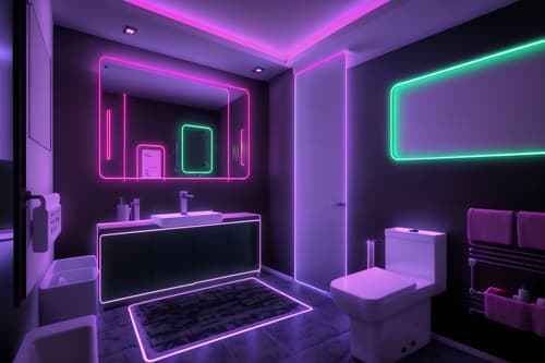 photo from pinterest of gaming room-style interior designed (hotel bathroom interior) with bathroom sink with faucet and toilet seat and waste basket and bath rail and bathtub and shower and bathroom cabinet and plant. . with at night and dark walls and neon letters on wall and purple, red and blue fade light and computer desk with computer displays and keyboard and neon lights and speakers and dark room. . cinematic photo, highly detailed, cinematic lighting, ultra-detailed, ultrarealistic, photorealism, 8k. trending on pinterest. gaming room interior design style. masterpiece, cinematic light, ultrarealistic+, photorealistic+, 8k, raw photo, realistic, sharp focus on eyes, (symmetrical eyes), (intact eyes), hyperrealistic, highest quality, best quality, , highly detailed, masterpiece, best quality, extremely detailed 8k wallpaper, masterpiece, best quality, ultra-detailed, best shadow, detailed background, detailed face, detailed eyes, high contrast, best illumination, detailed face, dulux, caustic, dynamic angle, detailed glow. dramatic lighting. highly detailed, insanely detailed hair, symmetrical, intricate details, professionally retouched, 8k high definition. strong bokeh. award winning photo.