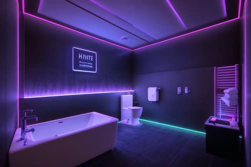 photo from pinterest of gaming room-style interior designed (hotel bathroom interior) with bathroom sink with faucet and toilet seat and waste basket and bath rail and bathtub and shower and bathroom cabinet and plant. . with at night and dark walls and neon letters on wall and purple, red and blue fade light and computer desk with computer displays and keyboard and neon lights and speakers and dark room. . cinematic photo, highly detailed, cinematic lighting, ultra-detailed, ultrarealistic, photorealism, 8k. trending on pinterest. gaming room interior design style. masterpiece, cinematic light, ultrarealistic+, photorealistic+, 8k, raw photo, realistic, sharp focus on eyes, (symmetrical eyes), (intact eyes), hyperrealistic, highest quality, best quality, , highly detailed, masterpiece, best quality, extremely detailed 8k wallpaper, masterpiece, best quality, ultra-detailed, best shadow, detailed background, detailed face, detailed eyes, high contrast, best illumination, detailed face, dulux, caustic, dynamic angle, detailed glow. dramatic lighting. highly detailed, insanely detailed hair, symmetrical, intricate details, professionally retouched, 8k high definition. strong bokeh. award winning photo.