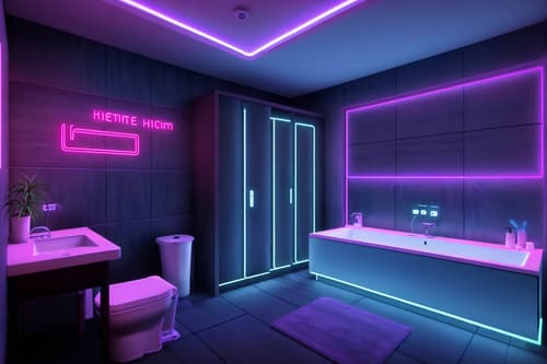 photo from pinterest of gaming room-style interior designed (hotel bathroom interior) with bathroom sink with faucet and toilet seat and waste basket and bath rail and bathtub and shower and bathroom cabinet and plant. . with at night and dark walls and neon letters on wall and purple, red and blue fade light and computer desk with computer displays and keyboard and neon lights and speakers and dark room. . cinematic photo, highly detailed, cinematic lighting, ultra-detailed, ultrarealistic, photorealism, 8k. trending on pinterest. gaming room interior design style. masterpiece, cinematic light, ultrarealistic+, photorealistic+, 8k, raw photo, realistic, sharp focus on eyes, (symmetrical eyes), (intact eyes), hyperrealistic, highest quality, best quality, , highly detailed, masterpiece, best quality, extremely detailed 8k wallpaper, masterpiece, best quality, ultra-detailed, best shadow, detailed background, detailed face, detailed eyes, high contrast, best illumination, detailed face, dulux, caustic, dynamic angle, detailed glow. dramatic lighting. highly detailed, insanely detailed hair, symmetrical, intricate details, professionally retouched, 8k high definition. strong bokeh. award winning photo.