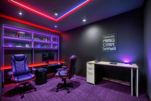photo from pinterest of gaming room-style interior designed (study room interior) with writing desk and cabinets and plant and lounge chair and desk lamp and office chair and bookshelves and writing desk. . with purple, red and blue fade light and speakers and dark room and neon letters on wall and gaming chair and at night and dark walls and computer desk with computer displays and keyboard. . cinematic photo, highly detailed, cinematic lighting, ultra-detailed, ultrarealistic, photorealism, 8k. trending on pinterest. gaming room interior design style. masterpiece, cinematic light, ultrarealistic+, photorealistic+, 8k, raw photo, realistic, sharp focus on eyes, (symmetrical eyes), (intact eyes), hyperrealistic, highest quality, best quality, , highly detailed, masterpiece, best quality, extremely detailed 8k wallpaper, masterpiece, best quality, ultra-detailed, best shadow, detailed background, detailed face, detailed eyes, high contrast, best illumination, detailed face, dulux, caustic, dynamic angle, detailed glow. dramatic lighting. highly detailed, insanely detailed hair, symmetrical, intricate details, professionally retouched, 8k high definition. strong bokeh. award winning photo.