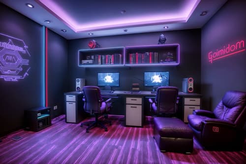 photo from pinterest of gaming room-style interior designed (study room interior) with writing desk and cabinets and plant and lounge chair and desk lamp and office chair and bookshelves and writing desk. . with purple, red and blue fade light and speakers and dark room and neon letters on wall and gaming chair and at night and dark walls and computer desk with computer displays and keyboard. . cinematic photo, highly detailed, cinematic lighting, ultra-detailed, ultrarealistic, photorealism, 8k. trending on pinterest. gaming room interior design style. masterpiece, cinematic light, ultrarealistic+, photorealistic+, 8k, raw photo, realistic, sharp focus on eyes, (symmetrical eyes), (intact eyes), hyperrealistic, highest quality, best quality, , highly detailed, masterpiece, best quality, extremely detailed 8k wallpaper, masterpiece, best quality, ultra-detailed, best shadow, detailed background, detailed face, detailed eyes, high contrast, best illumination, detailed face, dulux, caustic, dynamic angle, detailed glow. dramatic lighting. highly detailed, insanely detailed hair, symmetrical, intricate details, professionally retouched, 8k high definition. strong bokeh. award winning photo.