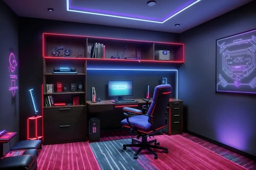 photo from pinterest of gaming room-style interior designed (study room interior) with writing desk and cabinets and plant and lounge chair and desk lamp and office chair and bookshelves and writing desk. . with purple, red and blue fade light and speakers and dark room and neon letters on wall and gaming chair and at night and dark walls and computer desk with computer displays and keyboard. . cinematic photo, highly detailed, cinematic lighting, ultra-detailed, ultrarealistic, photorealism, 8k. trending on pinterest. gaming room interior design style. masterpiece, cinematic light, ultrarealistic+, photorealistic+, 8k, raw photo, realistic, sharp focus on eyes, (symmetrical eyes), (intact eyes), hyperrealistic, highest quality, best quality, , highly detailed, masterpiece, best quality, extremely detailed 8k wallpaper, masterpiece, best quality, ultra-detailed, best shadow, detailed background, detailed face, detailed eyes, high contrast, best illumination, detailed face, dulux, caustic, dynamic angle, detailed glow. dramatic lighting. highly detailed, insanely detailed hair, symmetrical, intricate details, professionally retouched, 8k high definition. strong bokeh. award winning photo.