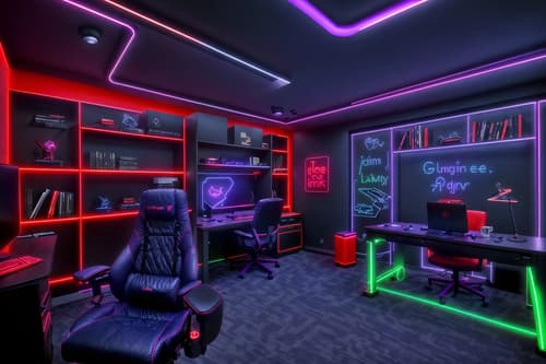 photo from pinterest of gaming room-style interior designed (study room interior) with writing desk and cabinets and plant and lounge chair and desk lamp and office chair and bookshelves and writing desk. . with purple, red and blue fade light and speakers and dark room and neon letters on wall and gaming chair and at night and dark walls and computer desk with computer displays and keyboard. . cinematic photo, highly detailed, cinematic lighting, ultra-detailed, ultrarealistic, photorealism, 8k. trending on pinterest. gaming room interior design style. masterpiece, cinematic light, ultrarealistic+, photorealistic+, 8k, raw photo, realistic, sharp focus on eyes, (symmetrical eyes), (intact eyes), hyperrealistic, highest quality, best quality, , highly detailed, masterpiece, best quality, extremely detailed 8k wallpaper, masterpiece, best quality, ultra-detailed, best shadow, detailed background, detailed face, detailed eyes, high contrast, best illumination, detailed face, dulux, caustic, dynamic angle, detailed glow. dramatic lighting. highly detailed, insanely detailed hair, symmetrical, intricate details, professionally retouched, 8k high definition. strong bokeh. award winning photo.