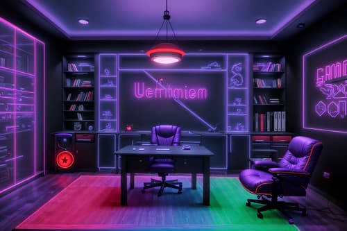 photo from pinterest of gaming room-style interior designed (study room interior) with writing desk and cabinets and plant and lounge chair and desk lamp and office chair and bookshelves and writing desk. . with purple, red and blue fade light and speakers and dark room and neon letters on wall and gaming chair and at night and dark walls and computer desk with computer displays and keyboard. . cinematic photo, highly detailed, cinematic lighting, ultra-detailed, ultrarealistic, photorealism, 8k. trending on pinterest. gaming room interior design style. masterpiece, cinematic light, ultrarealistic+, photorealistic+, 8k, raw photo, realistic, sharp focus on eyes, (symmetrical eyes), (intact eyes), hyperrealistic, highest quality, best quality, , highly detailed, masterpiece, best quality, extremely detailed 8k wallpaper, masterpiece, best quality, ultra-detailed, best shadow, detailed background, detailed face, detailed eyes, high contrast, best illumination, detailed face, dulux, caustic, dynamic angle, detailed glow. dramatic lighting. highly detailed, insanely detailed hair, symmetrical, intricate details, professionally retouched, 8k high definition. strong bokeh. award winning photo.