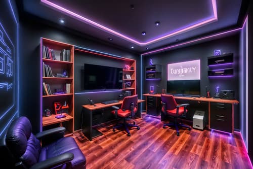 photo from pinterest of gaming room-style interior designed (study room interior) with writing desk and cabinets and plant and lounge chair and desk lamp and office chair and bookshelves and writing desk. . with purple, red and blue fade light and speakers and dark room and neon letters on wall and gaming chair and at night and dark walls and computer desk with computer displays and keyboard. . cinematic photo, highly detailed, cinematic lighting, ultra-detailed, ultrarealistic, photorealism, 8k. trending on pinterest. gaming room interior design style. masterpiece, cinematic light, ultrarealistic+, photorealistic+, 8k, raw photo, realistic, sharp focus on eyes, (symmetrical eyes), (intact eyes), hyperrealistic, highest quality, best quality, , highly detailed, masterpiece, best quality, extremely detailed 8k wallpaper, masterpiece, best quality, ultra-detailed, best shadow, detailed background, detailed face, detailed eyes, high contrast, best illumination, detailed face, dulux, caustic, dynamic angle, detailed glow. dramatic lighting. highly detailed, insanely detailed hair, symmetrical, intricate details, professionally retouched, 8k high definition. strong bokeh. award winning photo.