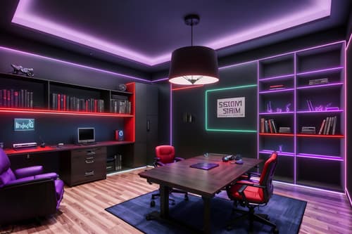 photo from pinterest of gaming room-style interior designed (study room interior) with writing desk and cabinets and plant and lounge chair and desk lamp and office chair and bookshelves and writing desk. . with purple, red and blue fade light and speakers and dark room and neon letters on wall and gaming chair and at night and dark walls and computer desk with computer displays and keyboard. . cinematic photo, highly detailed, cinematic lighting, ultra-detailed, ultrarealistic, photorealism, 8k. trending on pinterest. gaming room interior design style. masterpiece, cinematic light, ultrarealistic+, photorealistic+, 8k, raw photo, realistic, sharp focus on eyes, (symmetrical eyes), (intact eyes), hyperrealistic, highest quality, best quality, , highly detailed, masterpiece, best quality, extremely detailed 8k wallpaper, masterpiece, best quality, ultra-detailed, best shadow, detailed background, detailed face, detailed eyes, high contrast, best illumination, detailed face, dulux, caustic, dynamic angle, detailed glow. dramatic lighting. highly detailed, insanely detailed hair, symmetrical, intricate details, professionally retouched, 8k high definition. strong bokeh. award winning photo.