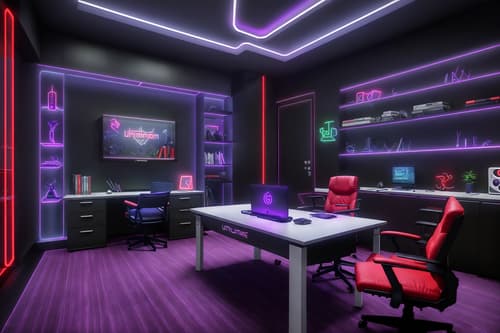 photo from pinterest of gaming room-style interior designed (study room interior) with writing desk and cabinets and plant and lounge chair and desk lamp and office chair and bookshelves and writing desk. . with purple, red and blue fade light and speakers and dark room and neon letters on wall and gaming chair and at night and dark walls and computer desk with computer displays and keyboard. . cinematic photo, highly detailed, cinematic lighting, ultra-detailed, ultrarealistic, photorealism, 8k. trending on pinterest. gaming room interior design style. masterpiece, cinematic light, ultrarealistic+, photorealistic+, 8k, raw photo, realistic, sharp focus on eyes, (symmetrical eyes), (intact eyes), hyperrealistic, highest quality, best quality, , highly detailed, masterpiece, best quality, extremely detailed 8k wallpaper, masterpiece, best quality, ultra-detailed, best shadow, detailed background, detailed face, detailed eyes, high contrast, best illumination, detailed face, dulux, caustic, dynamic angle, detailed glow. dramatic lighting. highly detailed, insanely detailed hair, symmetrical, intricate details, professionally retouched, 8k high definition. strong bokeh. award winning photo.