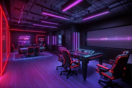 photo from pinterest of gaming room-style interior designed (clothing store interior) . with purple, red and blue fade light and computer desk with computer displays and keyboard and speakers and dark walls and gaming chair and multiple displays and neon lights and purple and red lights. . cinematic photo, highly detailed, cinematic lighting, ultra-detailed, ultrarealistic, photorealism, 8k. trending on pinterest. gaming room interior design style. masterpiece, cinematic light, ultrarealistic+, photorealistic+, 8k, raw photo, realistic, sharp focus on eyes, (symmetrical eyes), (intact eyes), hyperrealistic, highest quality, best quality, , highly detailed, masterpiece, best quality, extremely detailed 8k wallpaper, masterpiece, best quality, ultra-detailed, best shadow, detailed background, detailed face, detailed eyes, high contrast, best illumination, detailed face, dulux, caustic, dynamic angle, detailed glow. dramatic lighting. highly detailed, insanely detailed hair, symmetrical, intricate details, professionally retouched, 8k high definition. strong bokeh. award winning photo.
