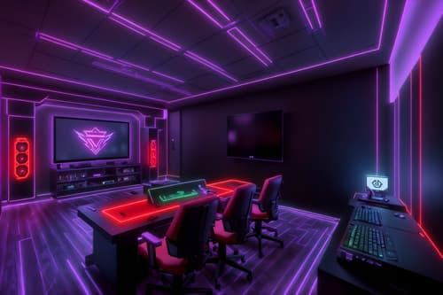 photo from pinterest of gaming room-style interior designed (clothing store interior) . with purple, red and blue fade light and computer desk with computer displays and keyboard and speakers and dark walls and gaming chair and multiple displays and neon lights and purple and red lights. . cinematic photo, highly detailed, cinematic lighting, ultra-detailed, ultrarealistic, photorealism, 8k. trending on pinterest. gaming room interior design style. masterpiece, cinematic light, ultrarealistic+, photorealistic+, 8k, raw photo, realistic, sharp focus on eyes, (symmetrical eyes), (intact eyes), hyperrealistic, highest quality, best quality, , highly detailed, masterpiece, best quality, extremely detailed 8k wallpaper, masterpiece, best quality, ultra-detailed, best shadow, detailed background, detailed face, detailed eyes, high contrast, best illumination, detailed face, dulux, caustic, dynamic angle, detailed glow. dramatic lighting. highly detailed, insanely detailed hair, symmetrical, intricate details, professionally retouched, 8k high definition. strong bokeh. award winning photo.