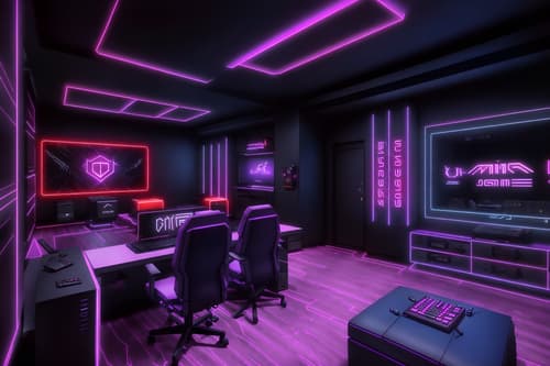 photo from pinterest of gaming room-style interior designed (clothing store interior) . with purple, red and blue fade light and computer desk with computer displays and keyboard and speakers and dark walls and gaming chair and multiple displays and neon lights and purple and red lights. . cinematic photo, highly detailed, cinematic lighting, ultra-detailed, ultrarealistic, photorealism, 8k. trending on pinterest. gaming room interior design style. masterpiece, cinematic light, ultrarealistic+, photorealistic+, 8k, raw photo, realistic, sharp focus on eyes, (symmetrical eyes), (intact eyes), hyperrealistic, highest quality, best quality, , highly detailed, masterpiece, best quality, extremely detailed 8k wallpaper, masterpiece, best quality, ultra-detailed, best shadow, detailed background, detailed face, detailed eyes, high contrast, best illumination, detailed face, dulux, caustic, dynamic angle, detailed glow. dramatic lighting. highly detailed, insanely detailed hair, symmetrical, intricate details, professionally retouched, 8k high definition. strong bokeh. award winning photo.