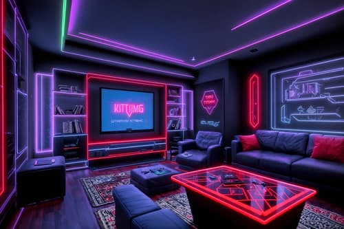 photo from pinterest of gaming room-style interior designed (kitchen living combo interior) with stove and plant and sofa and televisions and occasional tables and bookshelves and chairs and rug. . with gaming chair and speakers and computer desk with computer displays and keyboard and neon lights and neon letters on wall and multiple displays and purple, red and blue fade light and at night. . cinematic photo, highly detailed, cinematic lighting, ultra-detailed, ultrarealistic, photorealism, 8k. trending on pinterest. gaming room interior design style. masterpiece, cinematic light, ultrarealistic+, photorealistic+, 8k, raw photo, realistic, sharp focus on eyes, (symmetrical eyes), (intact eyes), hyperrealistic, highest quality, best quality, , highly detailed, masterpiece, best quality, extremely detailed 8k wallpaper, masterpiece, best quality, ultra-detailed, best shadow, detailed background, detailed face, detailed eyes, high contrast, best illumination, detailed face, dulux, caustic, dynamic angle, detailed glow. dramatic lighting. highly detailed, insanely detailed hair, symmetrical, intricate details, professionally retouched, 8k high definition. strong bokeh. award winning photo.