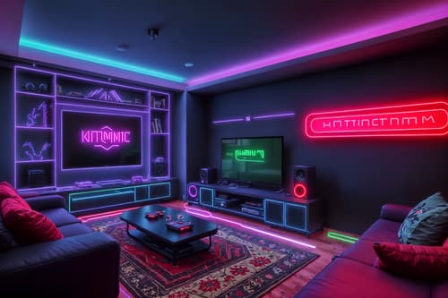 photo from pinterest of gaming room-style interior designed (kitchen living combo interior) with stove and plant and sofa and televisions and occasional tables and bookshelves and chairs and rug. . with gaming chair and speakers and computer desk with computer displays and keyboard and neon lights and neon letters on wall and multiple displays and purple, red and blue fade light and at night. . cinematic photo, highly detailed, cinematic lighting, ultra-detailed, ultrarealistic, photorealism, 8k. trending on pinterest. gaming room interior design style. masterpiece, cinematic light, ultrarealistic+, photorealistic+, 8k, raw photo, realistic, sharp focus on eyes, (symmetrical eyes), (intact eyes), hyperrealistic, highest quality, best quality, , highly detailed, masterpiece, best quality, extremely detailed 8k wallpaper, masterpiece, best quality, ultra-detailed, best shadow, detailed background, detailed face, detailed eyes, high contrast, best illumination, detailed face, dulux, caustic, dynamic angle, detailed glow. dramatic lighting. highly detailed, insanely detailed hair, symmetrical, intricate details, professionally retouched, 8k high definition. strong bokeh. award winning photo.