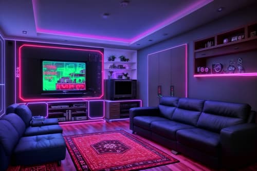 photo from pinterest of gaming room-style interior designed (kitchen living combo interior) with stove and plant and sofa and televisions and occasional tables and bookshelves and chairs and rug. . with gaming chair and speakers and computer desk with computer displays and keyboard and neon lights and neon letters on wall and multiple displays and purple, red and blue fade light and at night. . cinematic photo, highly detailed, cinematic lighting, ultra-detailed, ultrarealistic, photorealism, 8k. trending on pinterest. gaming room interior design style. masterpiece, cinematic light, ultrarealistic+, photorealistic+, 8k, raw photo, realistic, sharp focus on eyes, (symmetrical eyes), (intact eyes), hyperrealistic, highest quality, best quality, , highly detailed, masterpiece, best quality, extremely detailed 8k wallpaper, masterpiece, best quality, ultra-detailed, best shadow, detailed background, detailed face, detailed eyes, high contrast, best illumination, detailed face, dulux, caustic, dynamic angle, detailed glow. dramatic lighting. highly detailed, insanely detailed hair, symmetrical, intricate details, professionally retouched, 8k high definition. strong bokeh. award winning photo.