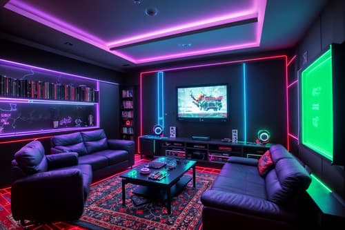 photo from pinterest of gaming room-style interior designed (kitchen living combo interior) with stove and plant and sofa and televisions and occasional tables and bookshelves and chairs and rug. . with gaming chair and speakers and computer desk with computer displays and keyboard and neon lights and neon letters on wall and multiple displays and purple, red and blue fade light and at night. . cinematic photo, highly detailed, cinematic lighting, ultra-detailed, ultrarealistic, photorealism, 8k. trending on pinterest. gaming room interior design style. masterpiece, cinematic light, ultrarealistic+, photorealistic+, 8k, raw photo, realistic, sharp focus on eyes, (symmetrical eyes), (intact eyes), hyperrealistic, highest quality, best quality, , highly detailed, masterpiece, best quality, extremely detailed 8k wallpaper, masterpiece, best quality, ultra-detailed, best shadow, detailed background, detailed face, detailed eyes, high contrast, best illumination, detailed face, dulux, caustic, dynamic angle, detailed glow. dramatic lighting. highly detailed, insanely detailed hair, symmetrical, intricate details, professionally retouched, 8k high definition. strong bokeh. award winning photo.