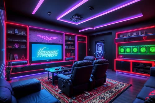 photo from pinterest of gaming room-style interior designed (kitchen living combo interior) with stove and plant and sofa and televisions and occasional tables and bookshelves and chairs and rug. . with gaming chair and speakers and computer desk with computer displays and keyboard and neon lights and neon letters on wall and multiple displays and purple, red and blue fade light and at night. . cinematic photo, highly detailed, cinematic lighting, ultra-detailed, ultrarealistic, photorealism, 8k. trending on pinterest. gaming room interior design style. masterpiece, cinematic light, ultrarealistic+, photorealistic+, 8k, raw photo, realistic, sharp focus on eyes, (symmetrical eyes), (intact eyes), hyperrealistic, highest quality, best quality, , highly detailed, masterpiece, best quality, extremely detailed 8k wallpaper, masterpiece, best quality, ultra-detailed, best shadow, detailed background, detailed face, detailed eyes, high contrast, best illumination, detailed face, dulux, caustic, dynamic angle, detailed glow. dramatic lighting. highly detailed, insanely detailed hair, symmetrical, intricate details, professionally retouched, 8k high definition. strong bokeh. award winning photo.