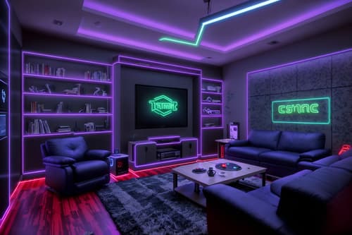 photo from pinterest of gaming room-style interior designed (kitchen living combo interior) with stove and plant and sofa and televisions and occasional tables and bookshelves and chairs and rug. . with gaming chair and speakers and computer desk with computer displays and keyboard and neon lights and neon letters on wall and multiple displays and purple, red and blue fade light and at night. . cinematic photo, highly detailed, cinematic lighting, ultra-detailed, ultrarealistic, photorealism, 8k. trending on pinterest. gaming room interior design style. masterpiece, cinematic light, ultrarealistic+, photorealistic+, 8k, raw photo, realistic, sharp focus on eyes, (symmetrical eyes), (intact eyes), hyperrealistic, highest quality, best quality, , highly detailed, masterpiece, best quality, extremely detailed 8k wallpaper, masterpiece, best quality, ultra-detailed, best shadow, detailed background, detailed face, detailed eyes, high contrast, best illumination, detailed face, dulux, caustic, dynamic angle, detailed glow. dramatic lighting. highly detailed, insanely detailed hair, symmetrical, intricate details, professionally retouched, 8k high definition. strong bokeh. award winning photo.