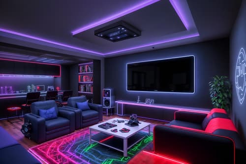 photo from pinterest of gaming room-style interior designed (kitchen living combo interior) with stove and plant and sofa and televisions and occasional tables and bookshelves and chairs and rug. . with gaming chair and speakers and computer desk with computer displays and keyboard and neon lights and neon letters on wall and multiple displays and purple, red and blue fade light and at night. . cinematic photo, highly detailed, cinematic lighting, ultra-detailed, ultrarealistic, photorealism, 8k. trending on pinterest. gaming room interior design style. masterpiece, cinematic light, ultrarealistic+, photorealistic+, 8k, raw photo, realistic, sharp focus on eyes, (symmetrical eyes), (intact eyes), hyperrealistic, highest quality, best quality, , highly detailed, masterpiece, best quality, extremely detailed 8k wallpaper, masterpiece, best quality, ultra-detailed, best shadow, detailed background, detailed face, detailed eyes, high contrast, best illumination, detailed face, dulux, caustic, dynamic angle, detailed glow. dramatic lighting. highly detailed, insanely detailed hair, symmetrical, intricate details, professionally retouched, 8k high definition. strong bokeh. award winning photo.