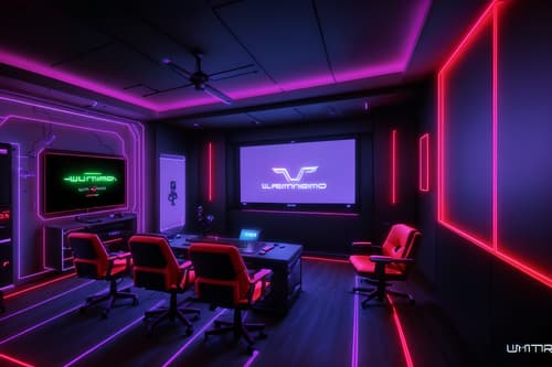 photo from pinterest of gaming room-style interior designed (gaming room interior) . with gaming chair and neon lights and purple and red lights and neon letters on wall and multiple displays and computer desk with computer displays and keyboard and dark walls and at night. . cinematic photo, highly detailed, cinematic lighting, ultra-detailed, ultrarealistic, photorealism, 8k. trending on pinterest. gaming room interior design style. masterpiece, cinematic light, ultrarealistic+, photorealistic+, 8k, raw photo, realistic, sharp focus on eyes, (symmetrical eyes), (intact eyes), hyperrealistic, highest quality, best quality, , highly detailed, masterpiece, best quality, extremely detailed 8k wallpaper, masterpiece, best quality, ultra-detailed, best shadow, detailed background, detailed face, detailed eyes, high contrast, best illumination, detailed face, dulux, caustic, dynamic angle, detailed glow. dramatic lighting. highly detailed, insanely detailed hair, symmetrical, intricate details, professionally retouched, 8k high definition. strong bokeh. award winning photo.