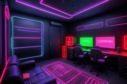 photo from pinterest of gaming room-style interior designed (gaming room interior) . with gaming chair and neon lights and purple and red lights and neon letters on wall and multiple displays and computer desk with computer displays and keyboard and dark walls and at night. . cinematic photo, highly detailed, cinematic lighting, ultra-detailed, ultrarealistic, photorealism, 8k. trending on pinterest. gaming room interior design style. masterpiece, cinematic light, ultrarealistic+, photorealistic+, 8k, raw photo, realistic, sharp focus on eyes, (symmetrical eyes), (intact eyes), hyperrealistic, highest quality, best quality, , highly detailed, masterpiece, best quality, extremely detailed 8k wallpaper, masterpiece, best quality, ultra-detailed, best shadow, detailed background, detailed face, detailed eyes, high contrast, best illumination, detailed face, dulux, caustic, dynamic angle, detailed glow. dramatic lighting. highly detailed, insanely detailed hair, symmetrical, intricate details, professionally retouched, 8k high definition. strong bokeh. award winning photo.