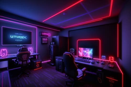photo from pinterest of gaming room-style interior designed (gaming room interior) . with gaming chair and neon lights and purple and red lights and neon letters on wall and multiple displays and computer desk with computer displays and keyboard and dark walls and at night. . cinematic photo, highly detailed, cinematic lighting, ultra-detailed, ultrarealistic, photorealism, 8k. trending on pinterest. gaming room interior design style. masterpiece, cinematic light, ultrarealistic+, photorealistic+, 8k, raw photo, realistic, sharp focus on eyes, (symmetrical eyes), (intact eyes), hyperrealistic, highest quality, best quality, , highly detailed, masterpiece, best quality, extremely detailed 8k wallpaper, masterpiece, best quality, ultra-detailed, best shadow, detailed background, detailed face, detailed eyes, high contrast, best illumination, detailed face, dulux, caustic, dynamic angle, detailed glow. dramatic lighting. highly detailed, insanely detailed hair, symmetrical, intricate details, professionally retouched, 8k high definition. strong bokeh. award winning photo.