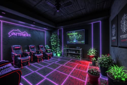 photo from pinterest of gaming room-style designed (outdoor garden ) with garden plants and garden tree and grass and garden plants. . with purple and red lights and at night and dark room and neon letters on wall and dark walls and gaming chair and purple, red and blue fade light and neon lights. . cinematic photo, highly detailed, cinematic lighting, ultra-detailed, ultrarealistic, photorealism, 8k. trending on pinterest. gaming room design style. masterpiece, cinematic light, ultrarealistic+, photorealistic+, 8k, raw photo, realistic, sharp focus on eyes, (symmetrical eyes), (intact eyes), hyperrealistic, highest quality, best quality, , highly detailed, masterpiece, best quality, extremely detailed 8k wallpaper, masterpiece, best quality, ultra-detailed, best shadow, detailed background, detailed face, detailed eyes, high contrast, best illumination, detailed face, dulux, caustic, dynamic angle, detailed glow. dramatic lighting. highly detailed, insanely detailed hair, symmetrical, intricate details, professionally retouched, 8k high definition. strong bokeh. award winning photo.