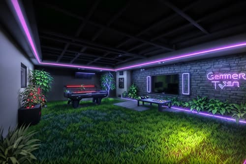 photo from pinterest of gaming room-style designed (outdoor garden ) with garden plants and garden tree and grass and garden plants. . with purple and red lights and at night and dark room and neon letters on wall and dark walls and gaming chair and purple, red and blue fade light and neon lights. . cinematic photo, highly detailed, cinematic lighting, ultra-detailed, ultrarealistic, photorealism, 8k. trending on pinterest. gaming room design style. masterpiece, cinematic light, ultrarealistic+, photorealistic+, 8k, raw photo, realistic, sharp focus on eyes, (symmetrical eyes), (intact eyes), hyperrealistic, highest quality, best quality, , highly detailed, masterpiece, best quality, extremely detailed 8k wallpaper, masterpiece, best quality, ultra-detailed, best shadow, detailed background, detailed face, detailed eyes, high contrast, best illumination, detailed face, dulux, caustic, dynamic angle, detailed glow. dramatic lighting. highly detailed, insanely detailed hair, symmetrical, intricate details, professionally retouched, 8k high definition. strong bokeh. award winning photo.