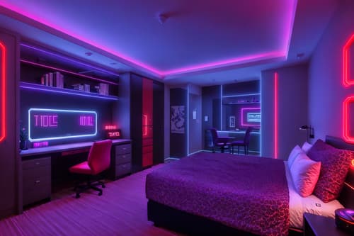 photo from pinterest of gaming room-style interior designed (hotel room interior) with hotel bathroom and bed and headboard and mirror and storage bench or ottoman and dresser closet and accent chair and plant. . with speakers and purple and red lights and multiple displays and purple, red and blue fade light and dark walls and computer desk with computer displays and keyboard and neon letters on wall and dark room. . cinematic photo, highly detailed, cinematic lighting, ultra-detailed, ultrarealistic, photorealism, 8k. trending on pinterest. gaming room interior design style. masterpiece, cinematic light, ultrarealistic+, photorealistic+, 8k, raw photo, realistic, sharp focus on eyes, (symmetrical eyes), (intact eyes), hyperrealistic, highest quality, best quality, , highly detailed, masterpiece, best quality, extremely detailed 8k wallpaper, masterpiece, best quality, ultra-detailed, best shadow, detailed background, detailed face, detailed eyes, high contrast, best illumination, detailed face, dulux, caustic, dynamic angle, detailed glow. dramatic lighting. highly detailed, insanely detailed hair, symmetrical, intricate details, professionally retouched, 8k high definition. strong bokeh. award winning photo.