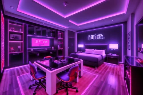 photo from pinterest of gaming room-style interior designed (hotel room interior) with hotel bathroom and bed and headboard and mirror and storage bench or ottoman and dresser closet and accent chair and plant. . with speakers and purple and red lights and multiple displays and purple, red and blue fade light and dark walls and computer desk with computer displays and keyboard and neon letters on wall and dark room. . cinematic photo, highly detailed, cinematic lighting, ultra-detailed, ultrarealistic, photorealism, 8k. trending on pinterest. gaming room interior design style. masterpiece, cinematic light, ultrarealistic+, photorealistic+, 8k, raw photo, realistic, sharp focus on eyes, (symmetrical eyes), (intact eyes), hyperrealistic, highest quality, best quality, , highly detailed, masterpiece, best quality, extremely detailed 8k wallpaper, masterpiece, best quality, ultra-detailed, best shadow, detailed background, detailed face, detailed eyes, high contrast, best illumination, detailed face, dulux, caustic, dynamic angle, detailed glow. dramatic lighting. highly detailed, insanely detailed hair, symmetrical, intricate details, professionally retouched, 8k high definition. strong bokeh. award winning photo.