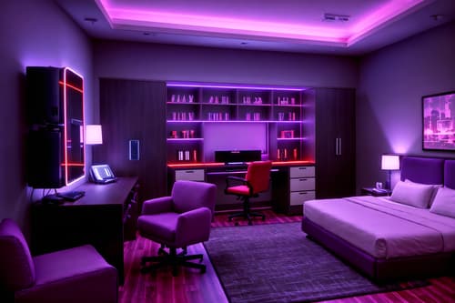 photo from pinterest of gaming room-style interior designed (hotel room interior) with hotel bathroom and bed and headboard and mirror and storage bench or ottoman and dresser closet and accent chair and plant. . with speakers and purple and red lights and multiple displays and purple, red and blue fade light and dark walls and computer desk with computer displays and keyboard and neon letters on wall and dark room. . cinematic photo, highly detailed, cinematic lighting, ultra-detailed, ultrarealistic, photorealism, 8k. trending on pinterest. gaming room interior design style. masterpiece, cinematic light, ultrarealistic+, photorealistic+, 8k, raw photo, realistic, sharp focus on eyes, (symmetrical eyes), (intact eyes), hyperrealistic, highest quality, best quality, , highly detailed, masterpiece, best quality, extremely detailed 8k wallpaper, masterpiece, best quality, ultra-detailed, best shadow, detailed background, detailed face, detailed eyes, high contrast, best illumination, detailed face, dulux, caustic, dynamic angle, detailed glow. dramatic lighting. highly detailed, insanely detailed hair, symmetrical, intricate details, professionally retouched, 8k high definition. strong bokeh. award winning photo.