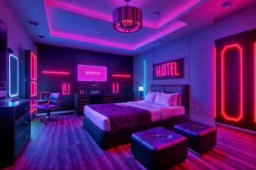 photo from pinterest of gaming room-style interior designed (hotel room interior) with hotel bathroom and bed and headboard and mirror and storage bench or ottoman and dresser closet and accent chair and plant. . with speakers and purple and red lights and multiple displays and purple, red and blue fade light and dark walls and computer desk with computer displays and keyboard and neon letters on wall and dark room. . cinematic photo, highly detailed, cinematic lighting, ultra-detailed, ultrarealistic, photorealism, 8k. trending on pinterest. gaming room interior design style. masterpiece, cinematic light, ultrarealistic+, photorealistic+, 8k, raw photo, realistic, sharp focus on eyes, (symmetrical eyes), (intact eyes), hyperrealistic, highest quality, best quality, , highly detailed, masterpiece, best quality, extremely detailed 8k wallpaper, masterpiece, best quality, ultra-detailed, best shadow, detailed background, detailed face, detailed eyes, high contrast, best illumination, detailed face, dulux, caustic, dynamic angle, detailed glow. dramatic lighting. highly detailed, insanely detailed hair, symmetrical, intricate details, professionally retouched, 8k high definition. strong bokeh. award winning photo.