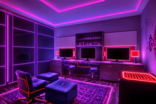 photo from pinterest of gaming room-style interior designed (hotel room interior) with hotel bathroom and bed and headboard and mirror and storage bench or ottoman and dresser closet and accent chair and plant. . with speakers and purple and red lights and multiple displays and purple, red and blue fade light and dark walls and computer desk with computer displays and keyboard and neon letters on wall and dark room. . cinematic photo, highly detailed, cinematic lighting, ultra-detailed, ultrarealistic, photorealism, 8k. trending on pinterest. gaming room interior design style. masterpiece, cinematic light, ultrarealistic+, photorealistic+, 8k, raw photo, realistic, sharp focus on eyes, (symmetrical eyes), (intact eyes), hyperrealistic, highest quality, best quality, , highly detailed, masterpiece, best quality, extremely detailed 8k wallpaper, masterpiece, best quality, ultra-detailed, best shadow, detailed background, detailed face, detailed eyes, high contrast, best illumination, detailed face, dulux, caustic, dynamic angle, detailed glow. dramatic lighting. highly detailed, insanely detailed hair, symmetrical, intricate details, professionally retouched, 8k high definition. strong bokeh. award winning photo.