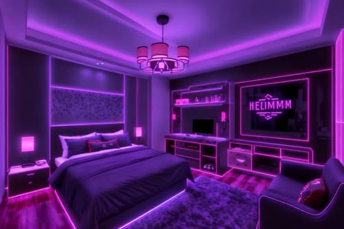 photo from pinterest of gaming room-style interior designed (hotel room interior) with hotel bathroom and bed and headboard and mirror and storage bench or ottoman and dresser closet and accent chair and plant. . with speakers and purple and red lights and multiple displays and purple, red and blue fade light and dark walls and computer desk with computer displays and keyboard and neon letters on wall and dark room. . cinematic photo, highly detailed, cinematic lighting, ultra-detailed, ultrarealistic, photorealism, 8k. trending on pinterest. gaming room interior design style. masterpiece, cinematic light, ultrarealistic+, photorealistic+, 8k, raw photo, realistic, sharp focus on eyes, (symmetrical eyes), (intact eyes), hyperrealistic, highest quality, best quality, , highly detailed, masterpiece, best quality, extremely detailed 8k wallpaper, masterpiece, best quality, ultra-detailed, best shadow, detailed background, detailed face, detailed eyes, high contrast, best illumination, detailed face, dulux, caustic, dynamic angle, detailed glow. dramatic lighting. highly detailed, insanely detailed hair, symmetrical, intricate details, professionally retouched, 8k high definition. strong bokeh. award winning photo.