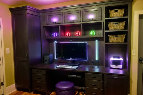 photo from pinterest of gaming room-style interior designed (mudroom interior) with a bench and storage baskets and storage drawers and shelves for shoes and cabinets and cubbies and wall hooks for coats and high up storage. . with multiple displays and gaming chair and dark room and purple and red lights and computer desk with computer displays and keyboard and neon lights and dark walls and purple, red and blue fade light. . cinematic photo, highly detailed, cinematic lighting, ultra-detailed, ultrarealistic, photorealism, 8k. trending on pinterest. gaming room interior design style. masterpiece, cinematic light, ultrarealistic+, photorealistic+, 8k, raw photo, realistic, sharp focus on eyes, (symmetrical eyes), (intact eyes), hyperrealistic, highest quality, best quality, , highly detailed, masterpiece, best quality, extremely detailed 8k wallpaper, masterpiece, best quality, ultra-detailed, best shadow, detailed background, detailed face, detailed eyes, high contrast, best illumination, detailed face, dulux, caustic, dynamic angle, detailed glow. dramatic lighting. highly detailed, insanely detailed hair, symmetrical, intricate details, professionally retouched, 8k high definition. strong bokeh. award winning photo.