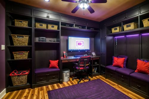 photo from pinterest of gaming room-style interior designed (mudroom interior) with a bench and storage baskets and storage drawers and shelves for shoes and cabinets and cubbies and wall hooks for coats and high up storage. . with multiple displays and gaming chair and dark room and purple and red lights and computer desk with computer displays and keyboard and neon lights and dark walls and purple, red and blue fade light. . cinematic photo, highly detailed, cinematic lighting, ultra-detailed, ultrarealistic, photorealism, 8k. trending on pinterest. gaming room interior design style. masterpiece, cinematic light, ultrarealistic+, photorealistic+, 8k, raw photo, realistic, sharp focus on eyes, (symmetrical eyes), (intact eyes), hyperrealistic, highest quality, best quality, , highly detailed, masterpiece, best quality, extremely detailed 8k wallpaper, masterpiece, best quality, ultra-detailed, best shadow, detailed background, detailed face, detailed eyes, high contrast, best illumination, detailed face, dulux, caustic, dynamic angle, detailed glow. dramatic lighting. highly detailed, insanely detailed hair, symmetrical, intricate details, professionally retouched, 8k high definition. strong bokeh. award winning photo.