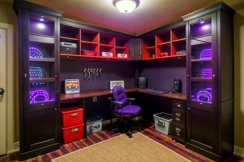 photo from pinterest of gaming room-style interior designed (mudroom interior) with a bench and storage baskets and storage drawers and shelves for shoes and cabinets and cubbies and wall hooks for coats and high up storage. . with multiple displays and gaming chair and dark room and purple and red lights and computer desk with computer displays and keyboard and neon lights and dark walls and purple, red and blue fade light. . cinematic photo, highly detailed, cinematic lighting, ultra-detailed, ultrarealistic, photorealism, 8k. trending on pinterest. gaming room interior design style. masterpiece, cinematic light, ultrarealistic+, photorealistic+, 8k, raw photo, realistic, sharp focus on eyes, (symmetrical eyes), (intact eyes), hyperrealistic, highest quality, best quality, , highly detailed, masterpiece, best quality, extremely detailed 8k wallpaper, masterpiece, best quality, ultra-detailed, best shadow, detailed background, detailed face, detailed eyes, high contrast, best illumination, detailed face, dulux, caustic, dynamic angle, detailed glow. dramatic lighting. highly detailed, insanely detailed hair, symmetrical, intricate details, professionally retouched, 8k high definition. strong bokeh. award winning photo.