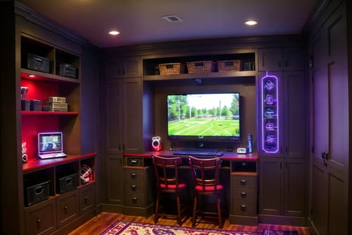 photo from pinterest of gaming room-style interior designed (mudroom interior) with a bench and storage baskets and storage drawers and shelves for shoes and cabinets and cubbies and wall hooks for coats and high up storage. . with multiple displays and gaming chair and dark room and purple and red lights and computer desk with computer displays and keyboard and neon lights and dark walls and purple, red and blue fade light. . cinematic photo, highly detailed, cinematic lighting, ultra-detailed, ultrarealistic, photorealism, 8k. trending on pinterest. gaming room interior design style. masterpiece, cinematic light, ultrarealistic+, photorealistic+, 8k, raw photo, realistic, sharp focus on eyes, (symmetrical eyes), (intact eyes), hyperrealistic, highest quality, best quality, , highly detailed, masterpiece, best quality, extremely detailed 8k wallpaper, masterpiece, best quality, ultra-detailed, best shadow, detailed background, detailed face, detailed eyes, high contrast, best illumination, detailed face, dulux, caustic, dynamic angle, detailed glow. dramatic lighting. highly detailed, insanely detailed hair, symmetrical, intricate details, professionally retouched, 8k high definition. strong bokeh. award winning photo.