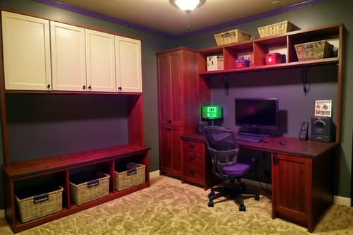 photo from pinterest of gaming room-style interior designed (mudroom interior) with a bench and storage baskets and storage drawers and shelves for shoes and cabinets and cubbies and wall hooks for coats and high up storage. . with multiple displays and gaming chair and dark room and purple and red lights and computer desk with computer displays and keyboard and neon lights and dark walls and purple, red and blue fade light. . cinematic photo, highly detailed, cinematic lighting, ultra-detailed, ultrarealistic, photorealism, 8k. trending on pinterest. gaming room interior design style. masterpiece, cinematic light, ultrarealistic+, photorealistic+, 8k, raw photo, realistic, sharp focus on eyes, (symmetrical eyes), (intact eyes), hyperrealistic, highest quality, best quality, , highly detailed, masterpiece, best quality, extremely detailed 8k wallpaper, masterpiece, best quality, ultra-detailed, best shadow, detailed background, detailed face, detailed eyes, high contrast, best illumination, detailed face, dulux, caustic, dynamic angle, detailed glow. dramatic lighting. highly detailed, insanely detailed hair, symmetrical, intricate details, professionally retouched, 8k high definition. strong bokeh. award winning photo.